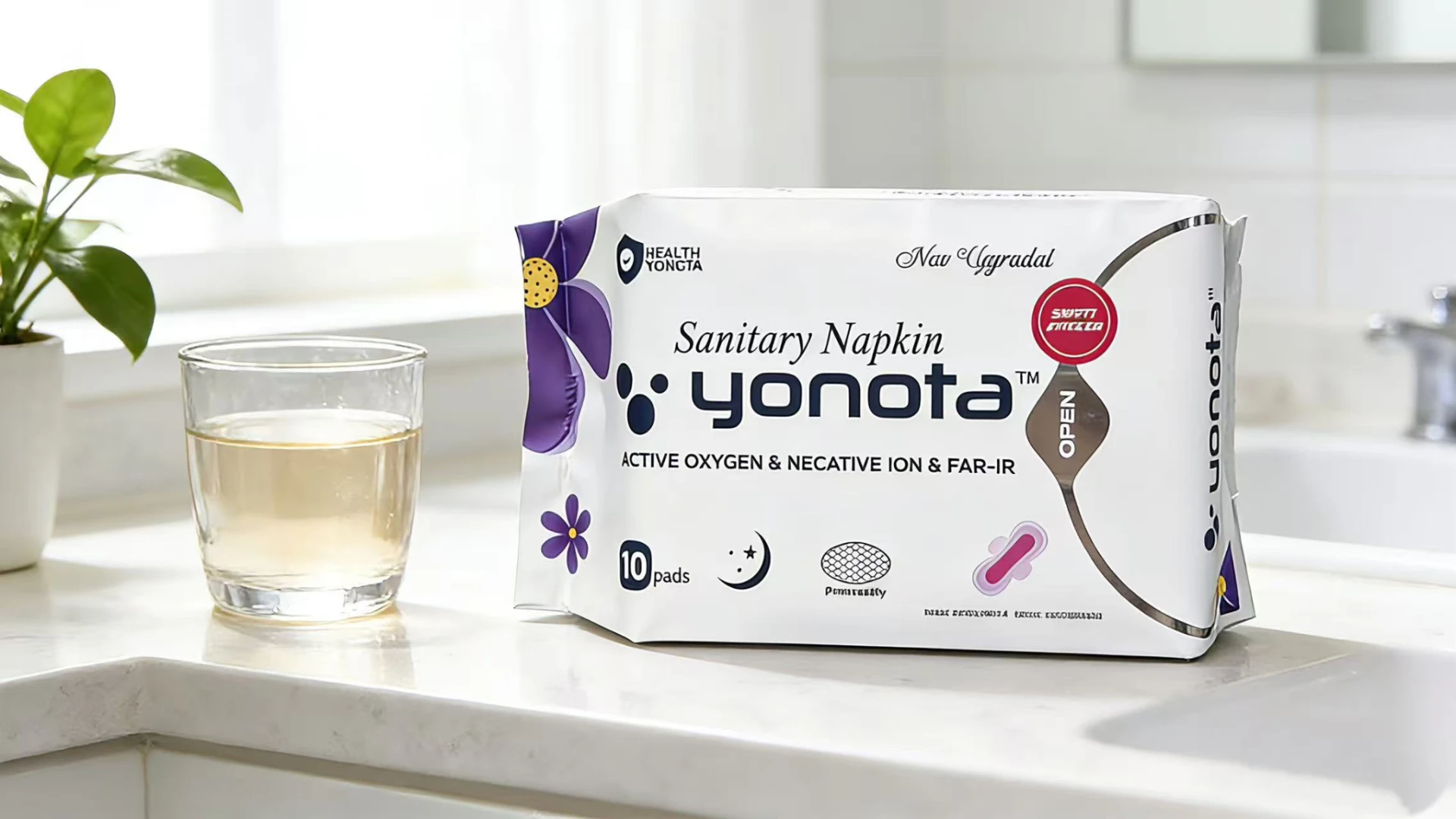 Yonota sanitary napkin package in a bright clean setting