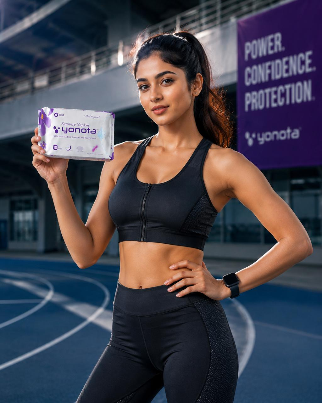 Active woman holding Yonota sanitary napkin packaging
